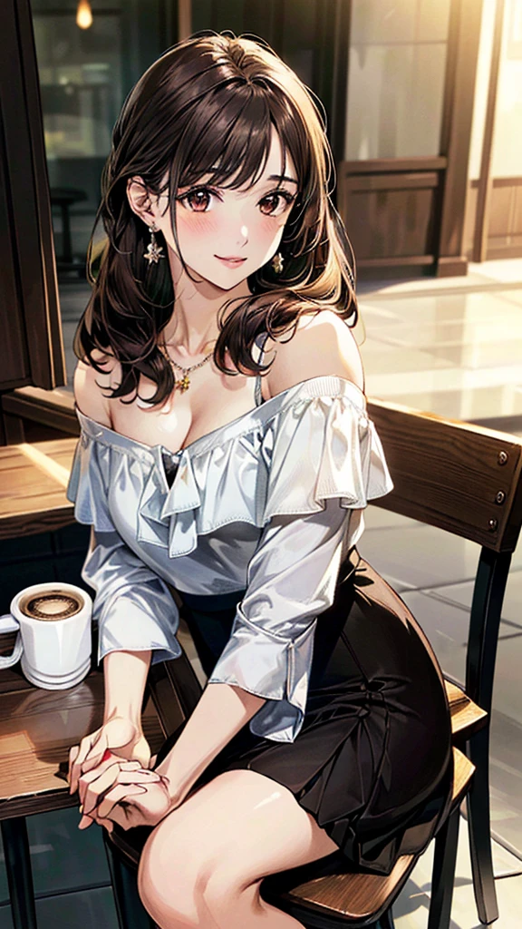 (masterpiece:1.3, Highest quality, Ultra-high resolution：1.2, Super detailed、8K), (Realistic, photoRealistic:1.4), Beautiful illustrations, Perfect lighting, colorful, Depth of written boundary, Beautiful detailed hair, Beautifully detailed face, Beautiful fine details, Droopy eyes、Beautiful clavicle, Beautiful body, 美しいLarge Breasts, Beautiful thighs, Beautiful feet, Beautiful fingers, View Viewer、Front view:0.6, Beauty1人, Japanese, Beauty、30 years old, Perfect Face, (Perfect Anatomy, Anatomically correct), Cute and symmetrical face, , , Glossy Skin Cafe、(Sitting on a chair、Holding a white mug in both hands、Drinking coffee:1.4)、,(Off-shoulder blouse:1.4), ((Long skirt、Wraparound skirt:1.5))  、(pumps:1.3)、(Dark brown hair, Updo Hair:1.4), braided bangs、Dark brown eyes, (Large Breasts, Slim body), necklace, Small earrings:1.1, (evening),   A soft smile、(Smile, Lips parted),