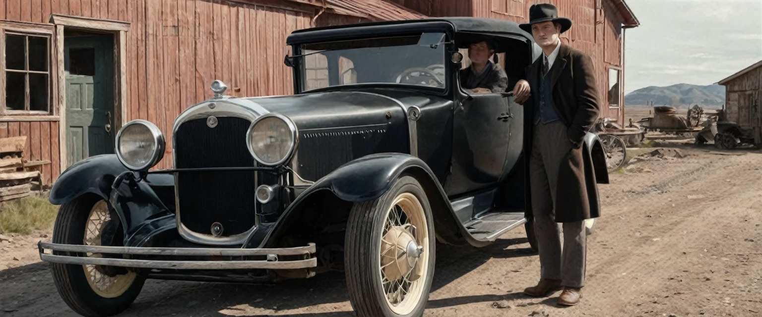 a photo of a man and woman standing next to an old 1920s' car, as illustrated in top cow comics, in the old west, featured on dribbble, kino's journey (2003), mystery and detective themed, valve promotional splash art, the 'american gothic' painting, ( ( large black hat ) ), twisted rays, scythe design, anato finnstark and kelogsloops