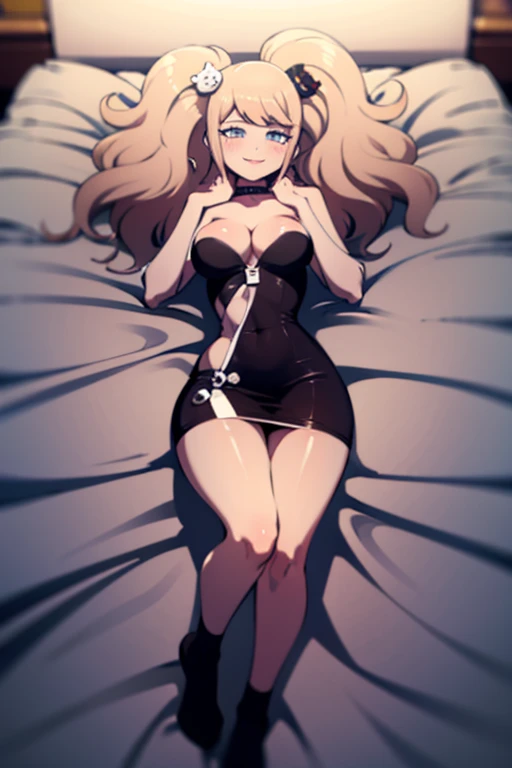 hot seductive mature woman, junko enoshima, slight tan, curvy body, smooth skin, fluffy pigtails, choker, completely black revealing dress, black socks, blushing a lot on cheeks and nose, lying on the side in bed, messy hair, sharp blue eyes, beautiful face, safe for work, drooling, smooth skin, full body, legs closeup, view from above