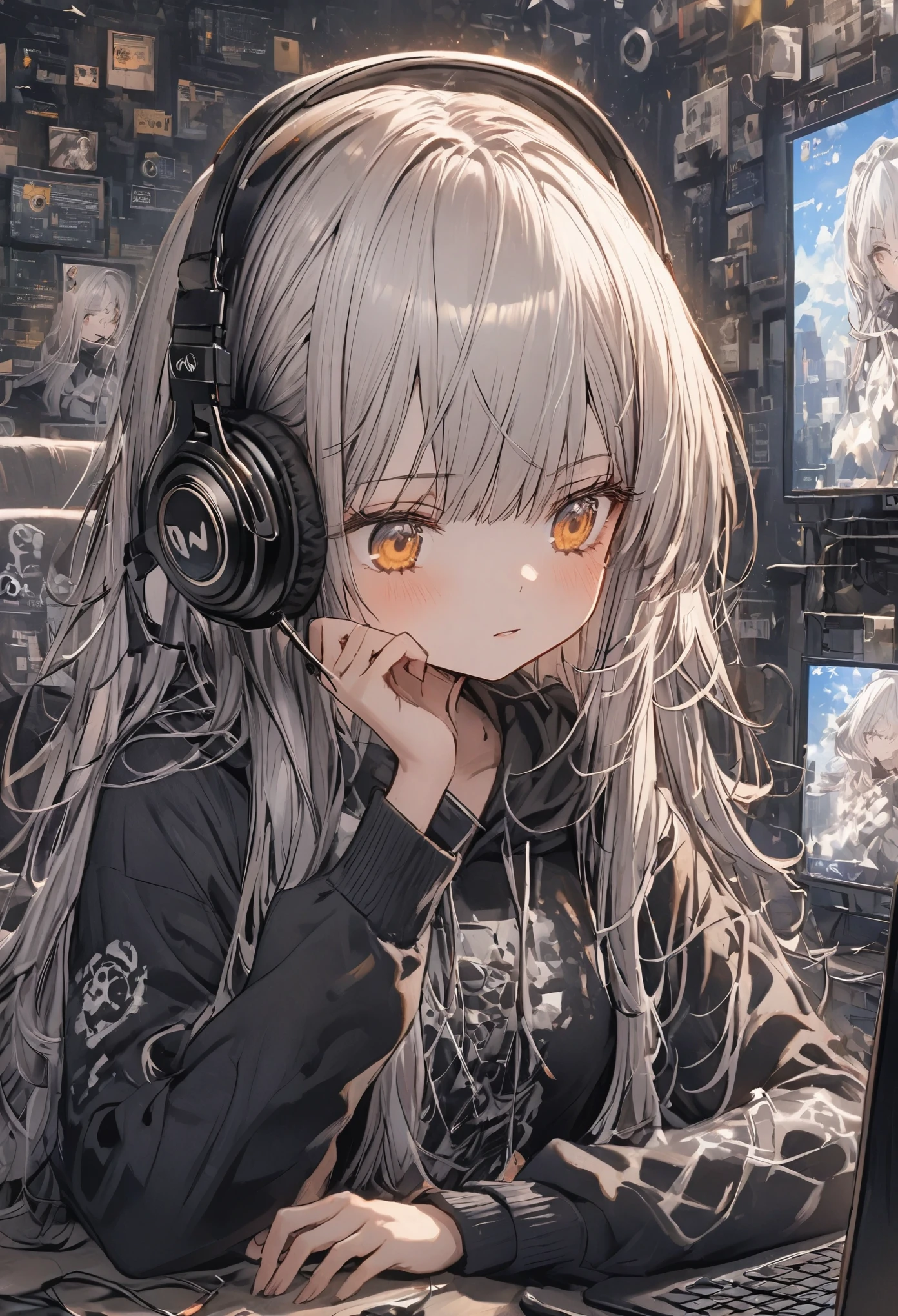 Woman using computer with big screen、Silver Hair、Semi-long hair、Wearing cool headphones,{{{{{{{{ Black hoodie oversized }}}}}}}},Beautiful and delicate golden eyes,thought,Black clothes, Detailed Background