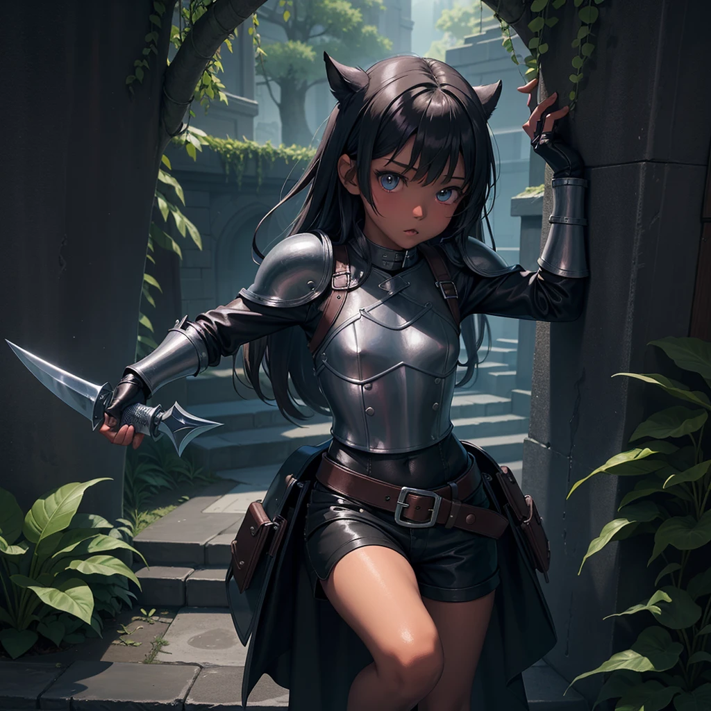 最high quality、high quality、Simple leather clothing、１０Year-old girl adventurer、Descend the maze stairs、leather armor、Shorts、Equipped with a dagger and a shield、In a dark maze、The body is being swallowed by slime