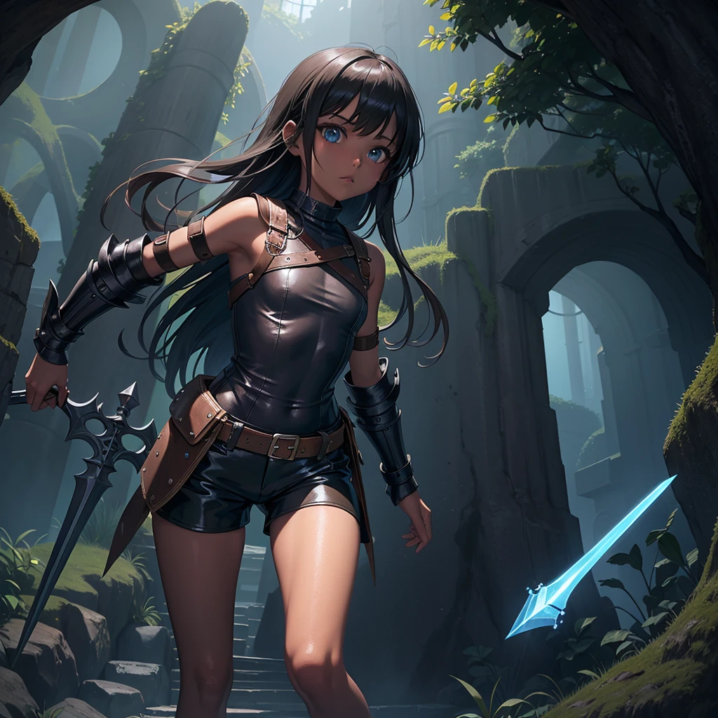 最high quality、high quality、Simple leather clothing、10Year-old girl adventurer、Descend the maze stairs、leather armor、Shorts、Equipped with a dagger and a shield、In a dark maze、The body is being swallowed by slime
