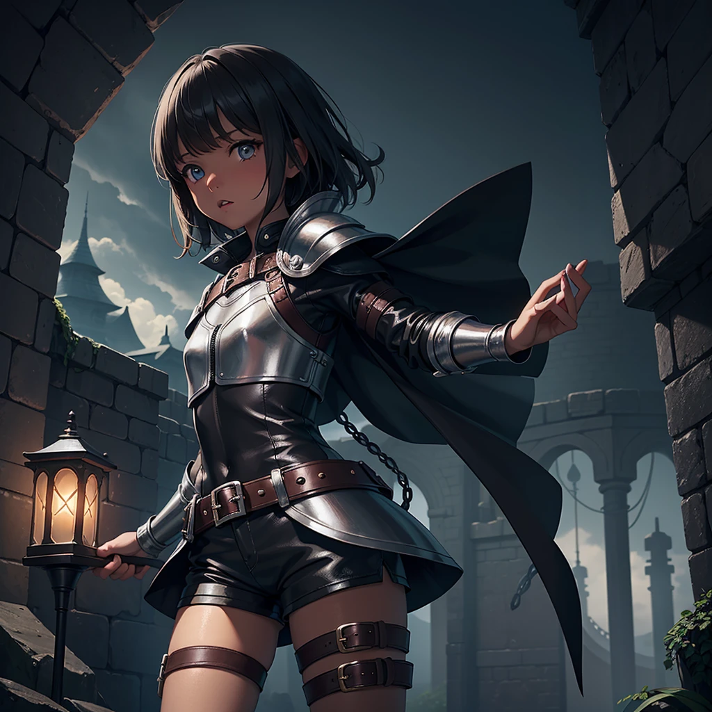 最high quality、high quality、Simple leather clothing、10Year-old girl adventurer、Descend the maze stairs、leather armor、Shorts、Equipped with a dagger and a shield、In a dark maze、The body is being swallowed by slime