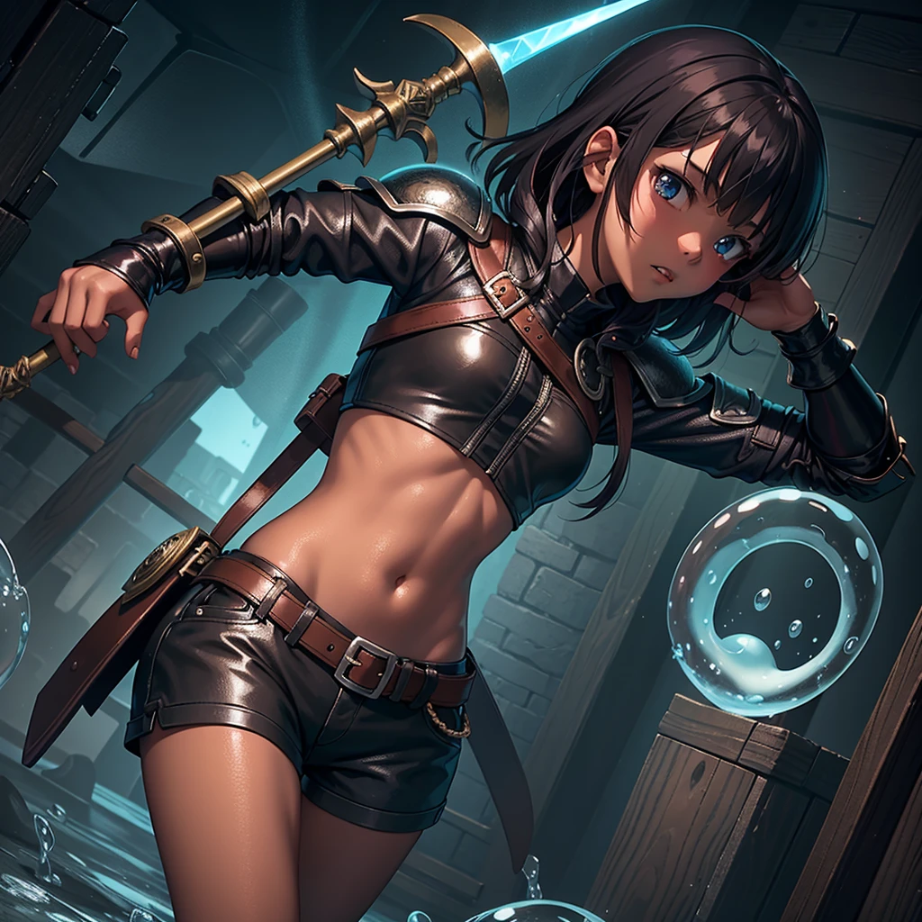 最high quality、high quality、Simple leather clothing、１０Year-old girl adventurer、Descend the maze stairs、leather armor、Shorts、Equipped with a dagger and a shield、In a dark maze、The body is being swallowed by slime