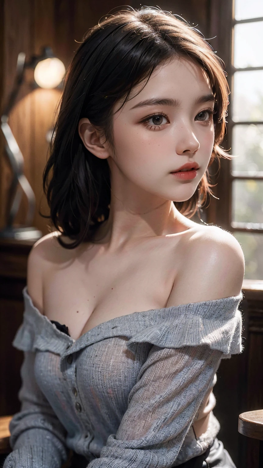 （best qualtiy，8K, Yes，32K，tmasterpiece，hyper HD：1.2），Beautiful Japanese woman in the photo，big cleavage breasts，Very short Bob hair，The upper part of the body，sface focus，Oversized，choker necklace，simple backgound，from the above，looking at viewert , Flesh-colored lace bra and flesh-colored lace panties, wearing only his underwear, (8K, RAW photos, Best quality, Masterpiece: 1.2), Real people, Realistic, Portrait photos,Thin underwear, sofe, On the couch,