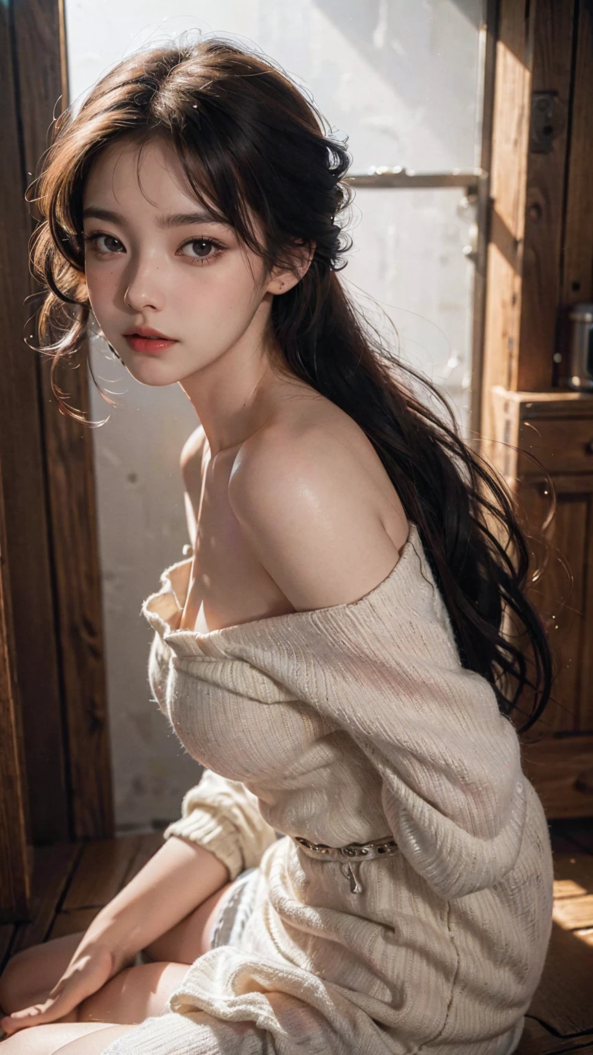 Best quality, masterpiece, ultra high res, (photorealistic: 1.4), raw photo, 1girl, off shoulder, cinematic lighting, kissing poses, heterochromia