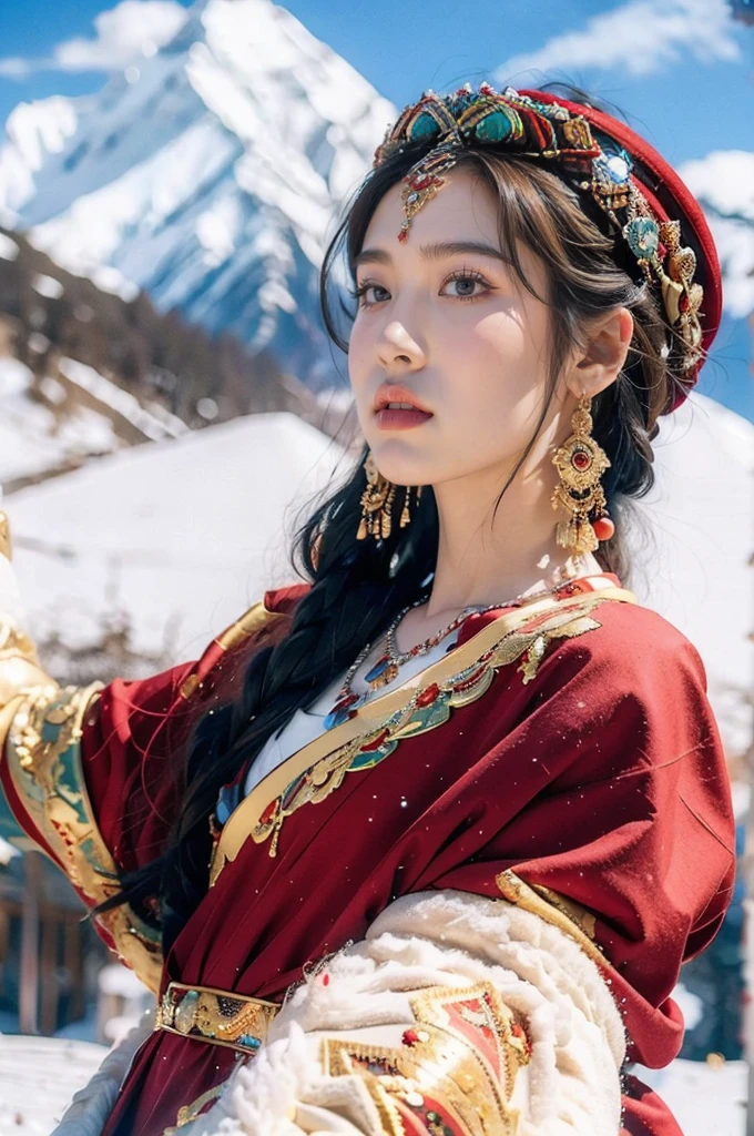 (masterpiece, best quality:1.2),red Tibetan clothing,1 Tibetan girl, blue sky, cloud, cloudy sky, day, earrings,Plush hat, horizon,Tibetan Earrings,jewelry,necklace, lips,snow mountain, outdoors, parted lips, red lips, solo,flat chest,(close-up of upper body:1.2),standing,(arms behind back:1.2),(from front:1.2)