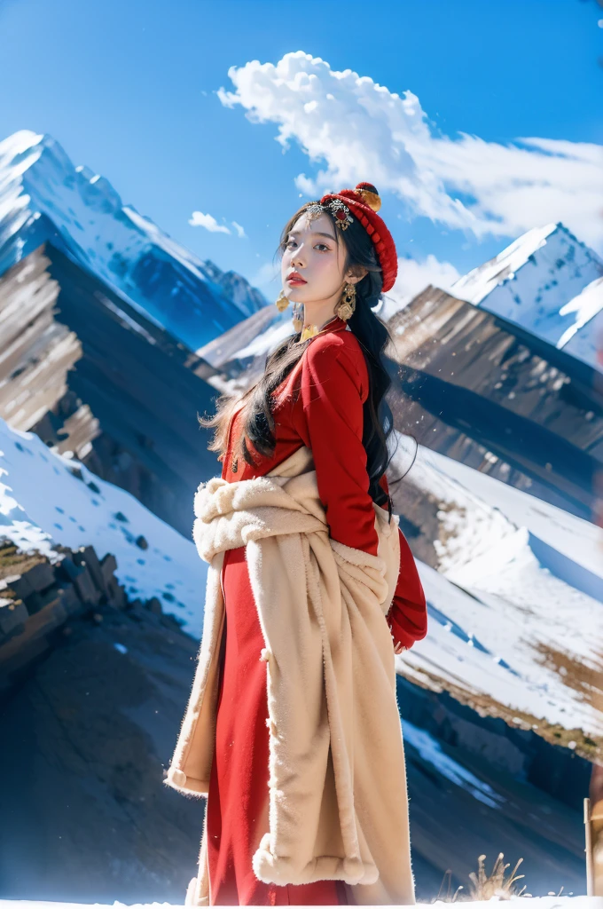 (masterpiece, best quality:1.2),red Tibetan clothing,1 Tibetan girl, blue sky, cloud, cloudy sky, day, earrings,Plush hat, horizon,Tibetan Earrings,jewelry,necklace, lips,snow mountain, outdoors, parted lips, red lips, solo,flat chest,(close-up of upper body:1.2),standing,(arms behind back:1.2),(from front:1.2)