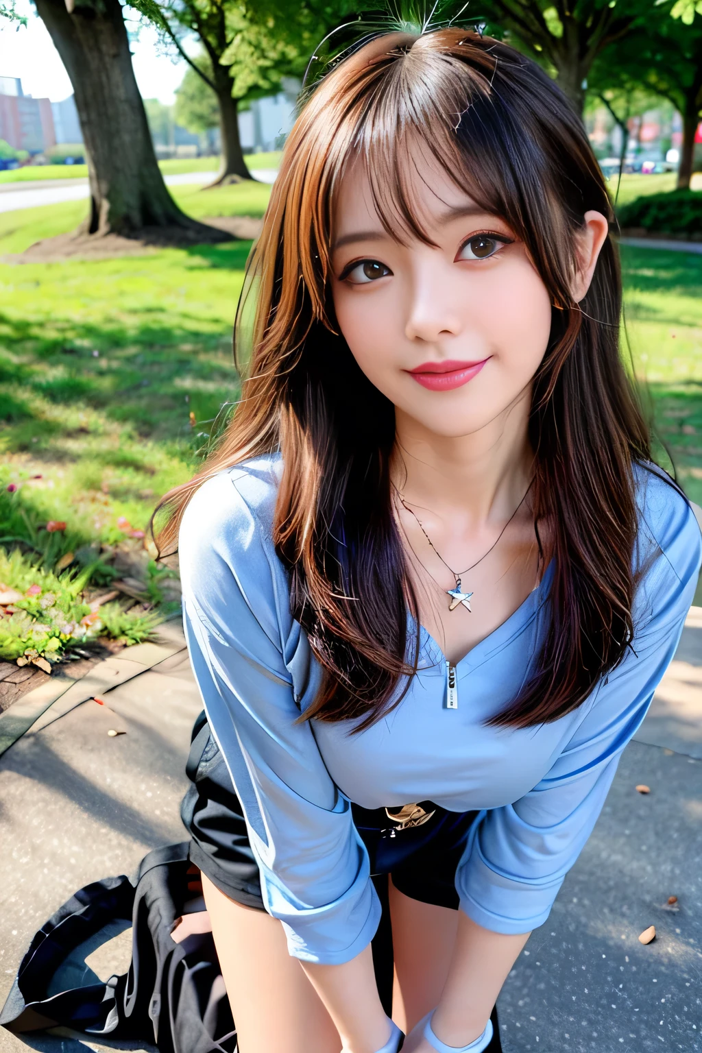 seed:4195271995,((Full Body Angle:1.1)),((Highest quality, 8K, masterpiece: 1.3)), concentrated: 1.2,Front hair:1.3, Cute girl 1,Nipples erect、 Perfect beauty: 1.4,Colorful ribbed knit half-zip T-shirt、Shorts,: 1.2,Randall Color、comics&Text Graphics、Black,1.1, Highly detailed face and skin textures, Fine grain, double eyelid, whitening skin, ,Highest quality,Ultra-high resolution,you,1 girl,alone,_Shiny_skin,Iris,necklace,((brown_length_Wavy_hair)),(lips)),eyelash,Front hair,deal with,compensate,Shiny,pore,skin big breasts、(smiling face)、Front hair、Walking in the park、walk