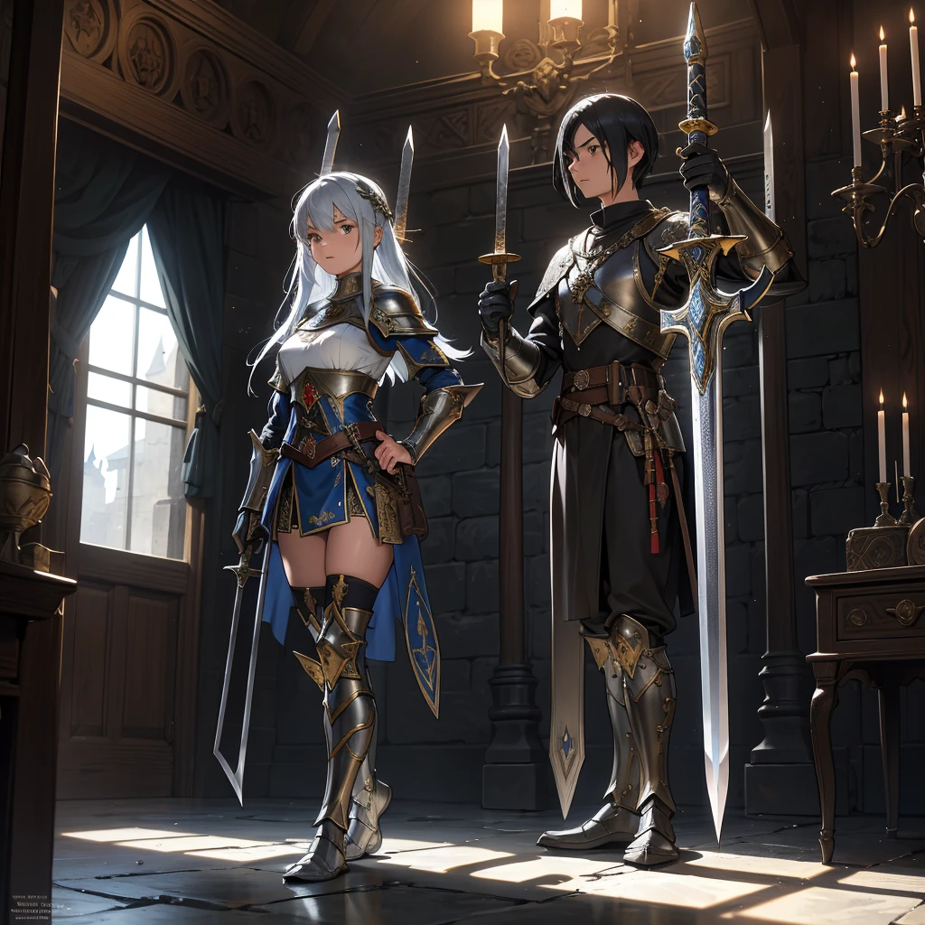 Create a scene of a dimly lit room adorned with medieval weapons. Picture the flickering light of torches casting dancing shadows on the aged stone walls, where suits of armor stand sentinel in the corners. In the center, showcase a display of ancient weapons: swords with ornate hilts, crossbows with intricately carved stocks, and shields embellished with heraldic symbols. Capture the atmosphere of history and strength in this chamber, where each weapon seems to whisper tales of battles fought and victories won in ages past."
