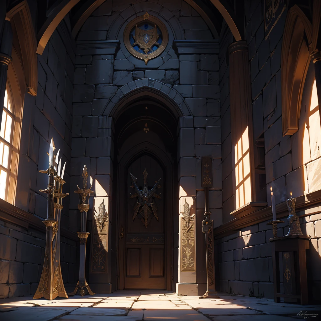 Create a scene of a dimly lit room adorned with medieval weapons. Picture the flickering light of torches casting dancing shadows on the aged stone walls, where suits of armor stand sentinel in the corners. In the center, showcase a display of ancient weapons: swords with ornate hilts, crossbows with intricately carved stocks, and shields embellished with heraldic symbols. Capture the atmosphere of history and strength in this chamber, where each weapon seems to whisper tales of battles fought and victories won in ages past."