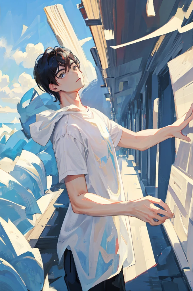 (masterpiece, best quality),1boy with black hair, looking at viewer, wearing white shirt, half body, ((boy))