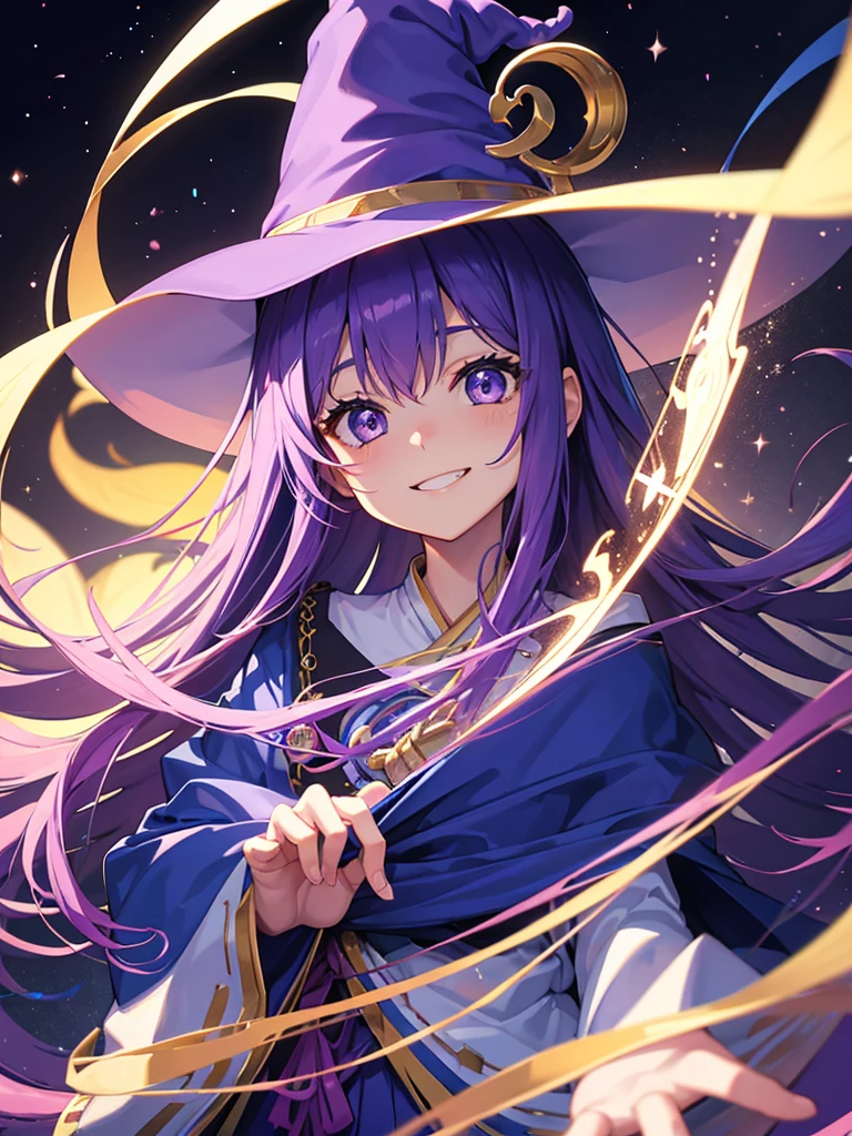 Wizard、One girl、Tongari hat、Purple Hair、long hair、magic circle、Big Eyes、Smile with your mouth closed、Highest品質, High definition, Ultra-fine, Highest_detailed