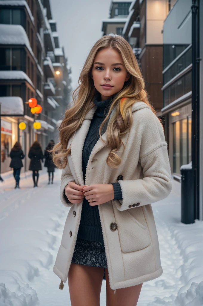 professional portrait photograph of a gorgeous Norwegian girl in winter clothing with long wavy blonde hair, sultry flirty look, gorgeous symmetrical face, cute natural makeup, wearing elegant warm winter fashion clothing, ((standing outside in snowy city street)), stunning modern urban environment, ultra realistic, concept art, elegant, highly detailed, intricate, sharp focus, depth of field, f/1. 8, 85mm, medium shot, mid shot, (((professionally color graded))), bright soft diffused light, (volumetric fog), trending on instagram, hdr 4k, 8k