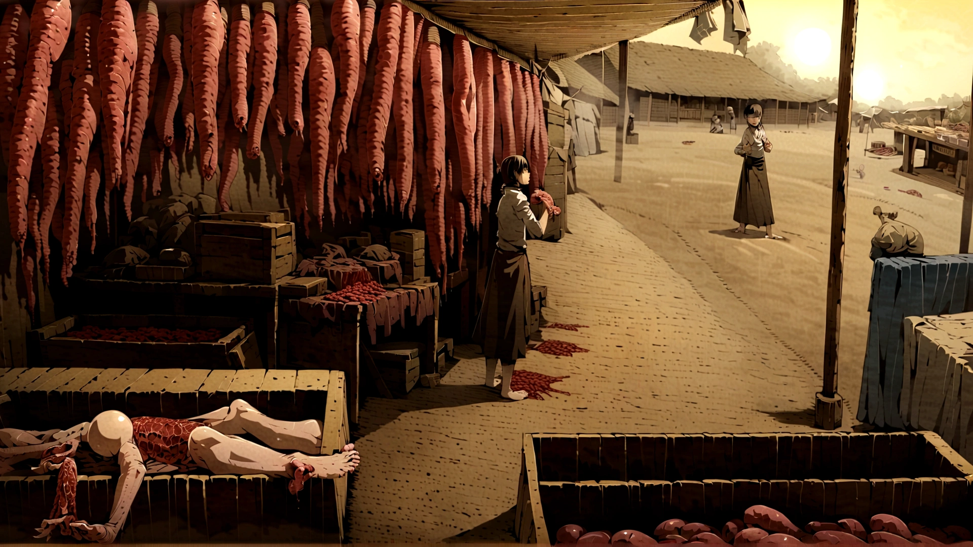 traditional market, market stall, (market tens), (they sell human flesh, chopped hand and feet, human meats), sellwooden box, wooden table, (sand ground, sand hill behind the stall), dawn time, early morning,