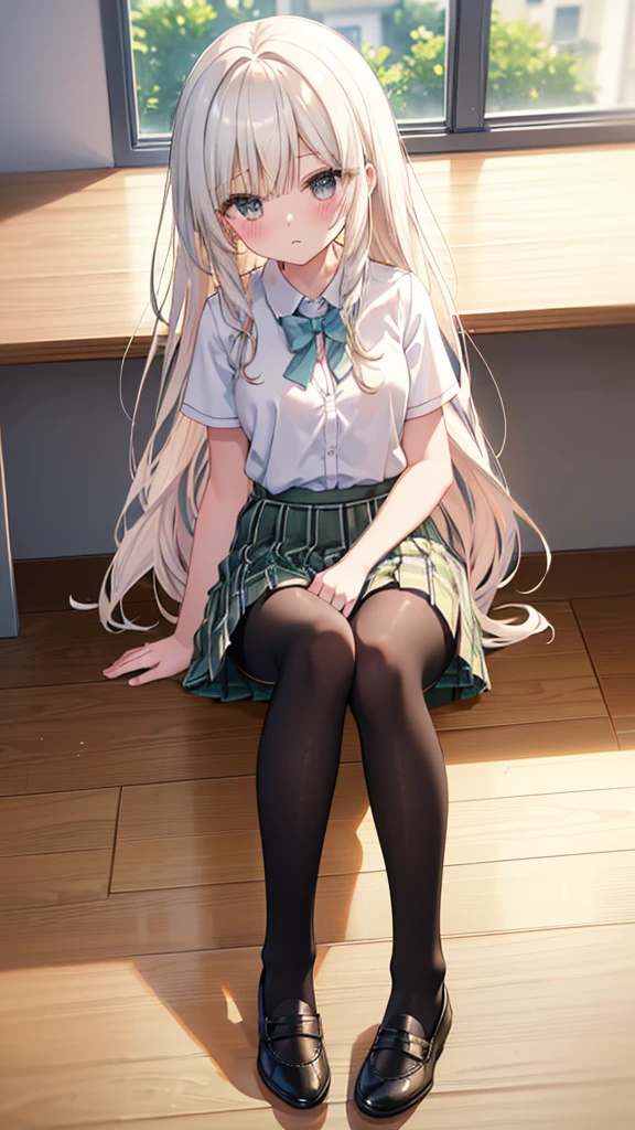 (8K、Best image quality、Highest quality、masterpiece)、One tall girl、((Full body))、Sit on the floor with your legs spread apart、White panties are visible、Long Hair、Wavy Hair、blush、Moderate bust、White collared shirt、Short sleeve、((Plaid pleated mini skirt))、Classroom Background、((black tights))、Black Pantyhose、((No shoes))