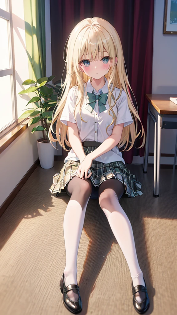 (8K、Best image quality、Highest quality、masterpiece)、One tall girl、((Full body))、Sit on the floor with your legs spread apart、White panties are visible、Long Hair、Wavy Hair、blush、Moderate bust、White collared shirt、Short sleeve、((Plaid pleated mini skirt))、Classroom Background、((black tights))、Black Pantyhose、((No shoes))