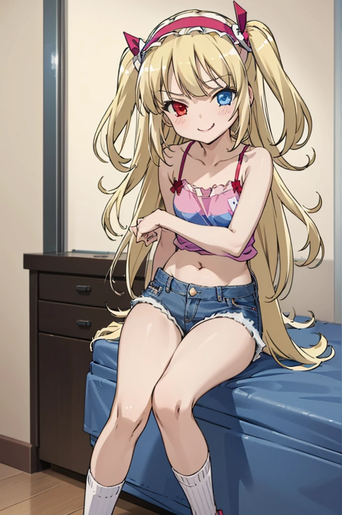 (((pixel-perfect, detail-perfect))), solo, 1girl, kobato hasegawa, heterochromia, red eyes,camisole,navel,denim shorts,socks,my room, hairband, looking at viewer, smirk, smile