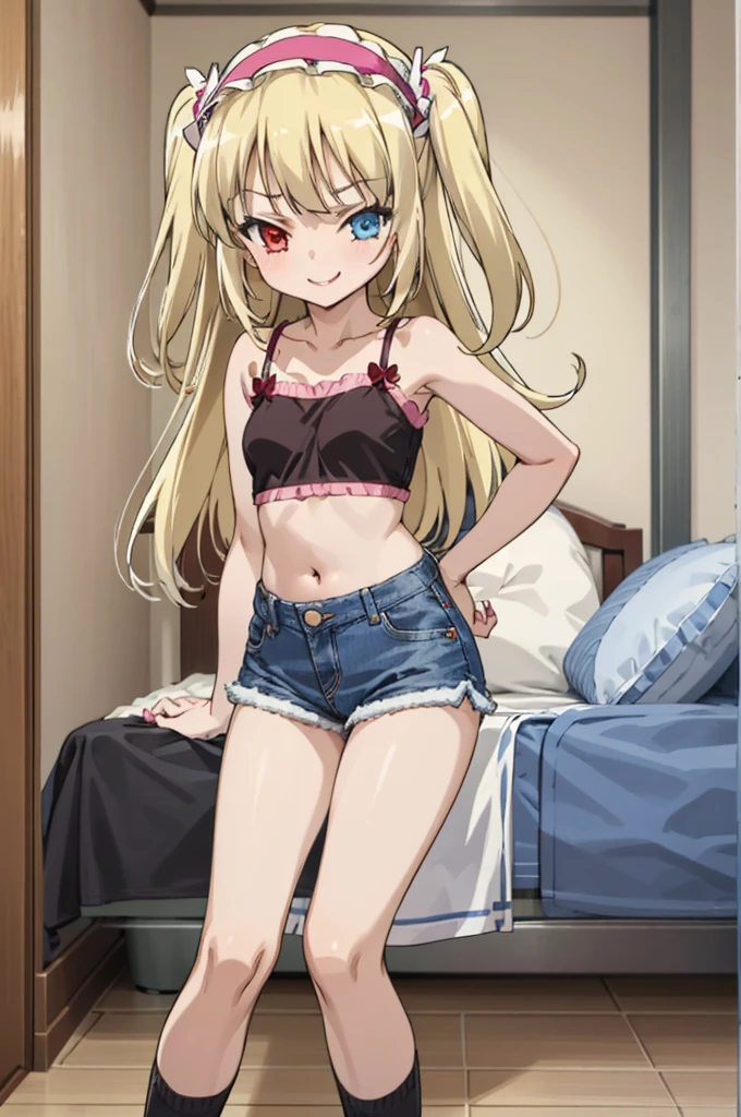 (((pixel-perfect, detail-perfect))), solo, 1girl, kobato hasegawa, heterochromia, red eyes,camisole,navel,denim shorts,socks,my room, hairband, looking at viewer, smirk, smile