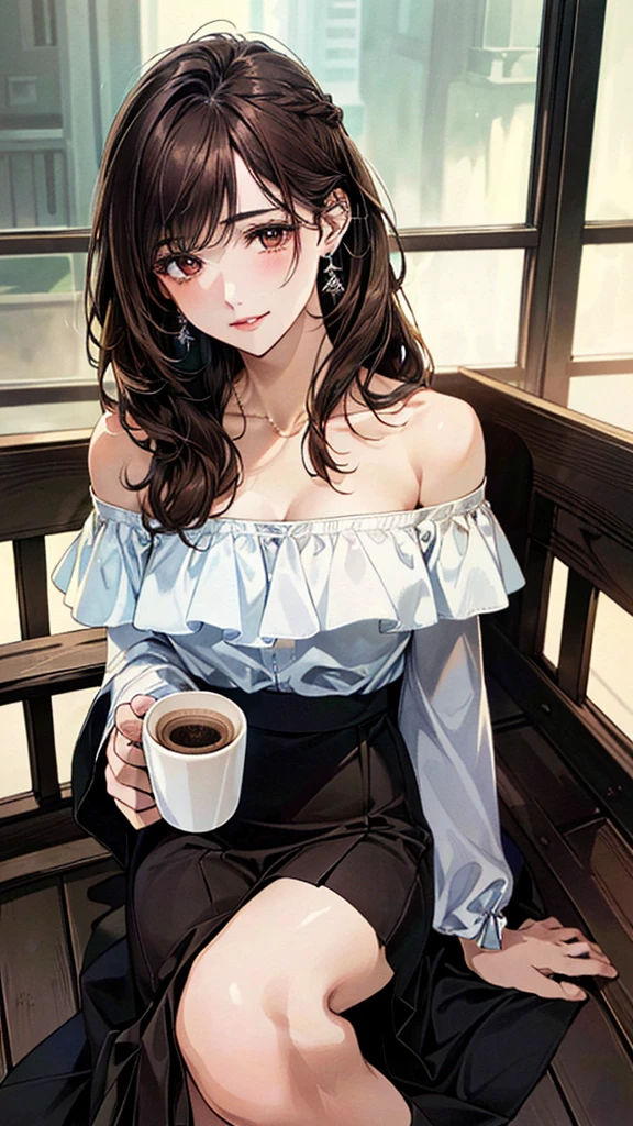 (masterpiece:1.3, Highest quality, Ultra-high resolution:1.2, Super detailed、8K), (Realistic, photoRealistic:1.4), Beautiful illustrations, Perfect lighting, colorful, Depth of written boundary, Beautiful detailed hair, Beautifully detailed face, Beautiful fine details, Droopy eyes、Beautiful clavicle, Beautiful body, 美しいLarge Breasts, Beautiful thighs, Beautiful feet, Beautiful fingers, View Viewer、Front view:0.6, Beauty1人, Japanese, Beauty、30 years old, Perfect Face, (Perfect Anatomy, Anatomically correct), Cute and symmetrical face, Baby Face, , Glossy Skin Cafe、(Sitting on a chair、Holding a white mug in both hands:1.4、Drinking coffee:1.4)、,(Off-shoulder blouse:1.4), ((Long skirt、Wraparound skirt:1.5)) 、(pumps:1.3)、(Dark brown hair, Updo Hair:1.4), braided bangs、Dark brown eyes, (Large Breasts, Slim body), necklace, Small earrings:1.1, (evening), A soft smile、(Smile, Lips parted),