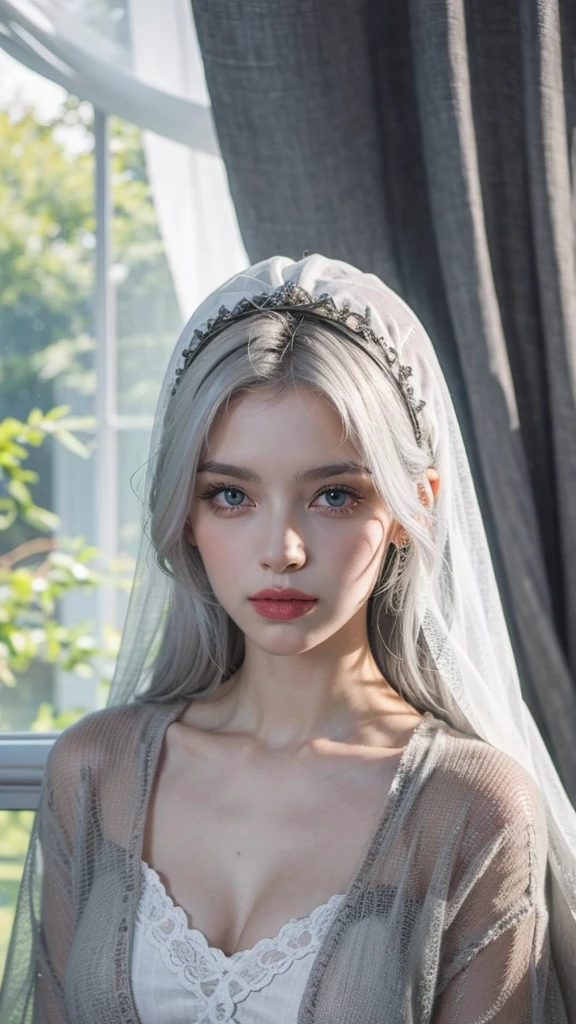 veil, gray curtains, white hair, gray white, Guvez&#39;s artistic style, A arrogant and indifferent girl, Squinting in half, white eyeball, timid, national style, Grey-White