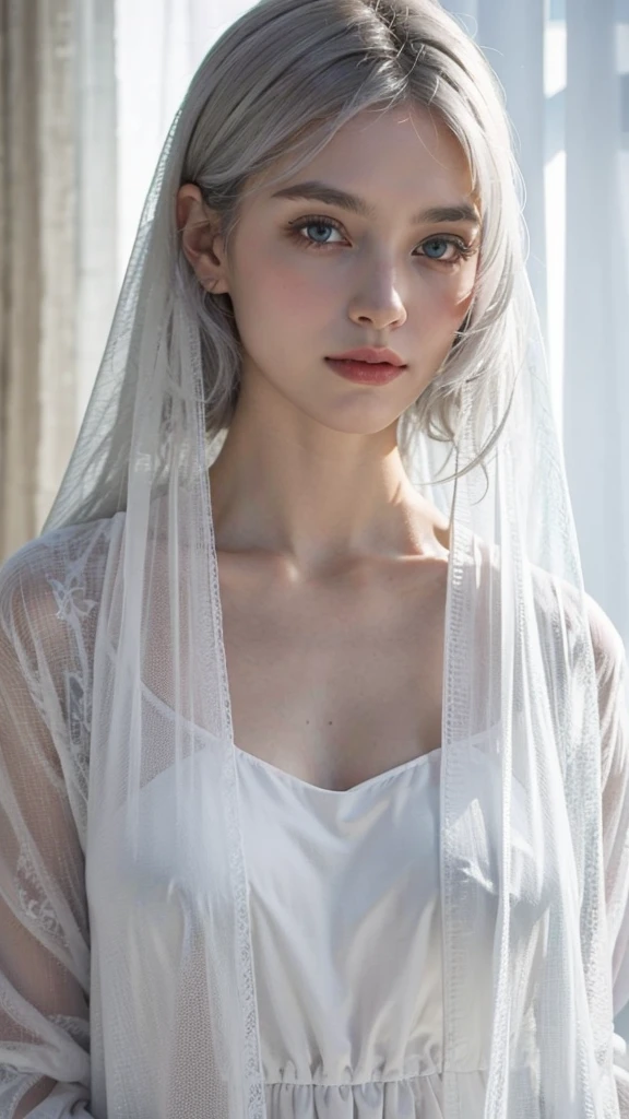 veil, gray curtains, white hair, gray white, Guvez's artistic style, A arrogant and indifferent girl, Squinting in half, white eyeball, timid, national style, Grey-White