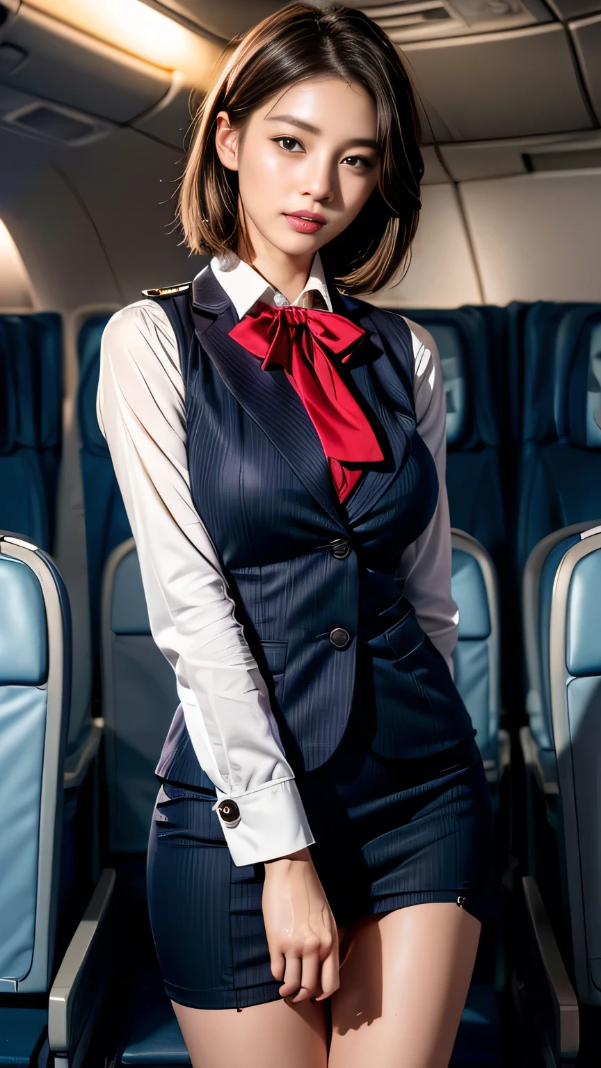 ((Business class flight attendant seat on airplane))、18-year-old、Beauty、flight attendant、cabin attendant、stewardess、outstanding style、short bob、straight、brown hair、(seductive big breasts:1.3)、(Moisturizing lips:1.5)、(((Realistic uniforms)))、Stylish striped square scarf、Tight-fitting uniforms、(The Absolute Realm of Enchantion)、(detailed hands:1.3)、(detailed face)、(perfect anatomy)、(Brighten the contrast of shadows)、(Professional cinematic lighting)、(face lighting)、(nffsw++:1.10)、(ultra high resolution)、(highest quality)、(Improvement of quality)、(super detailed)、(accurate color)、(Photoreal)、(looking at the camera:1.5)