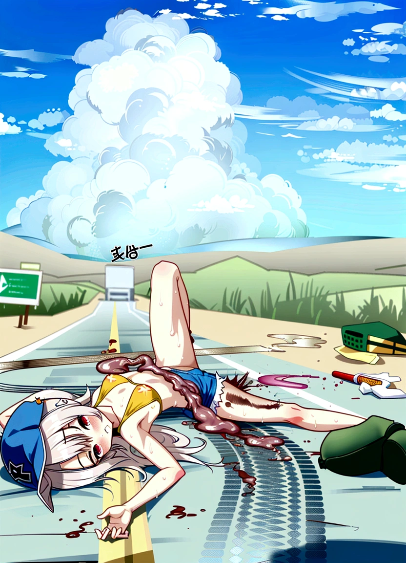 clear line, sharp line, , sweaty, hot weather, hot, sweat, masterpiece, no watermark, body steam, steam comes out of body, many steam, dust, accident, hit by truck