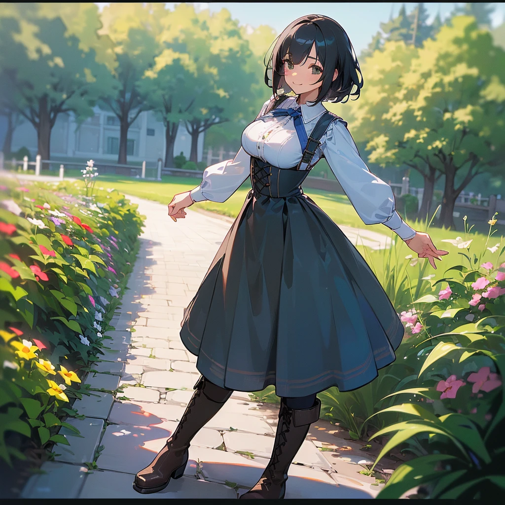 (high quality, High resolution, Very detailed, 8K, reality:1.37), Peaceful atmosphere, (Outdoor, garden), Teenage girl standing alone, (my breasts are big.), Beautifully detailed features, Cute Smile, (Black bob hair), Blue checkered long skirt, black tights, Brown boots.