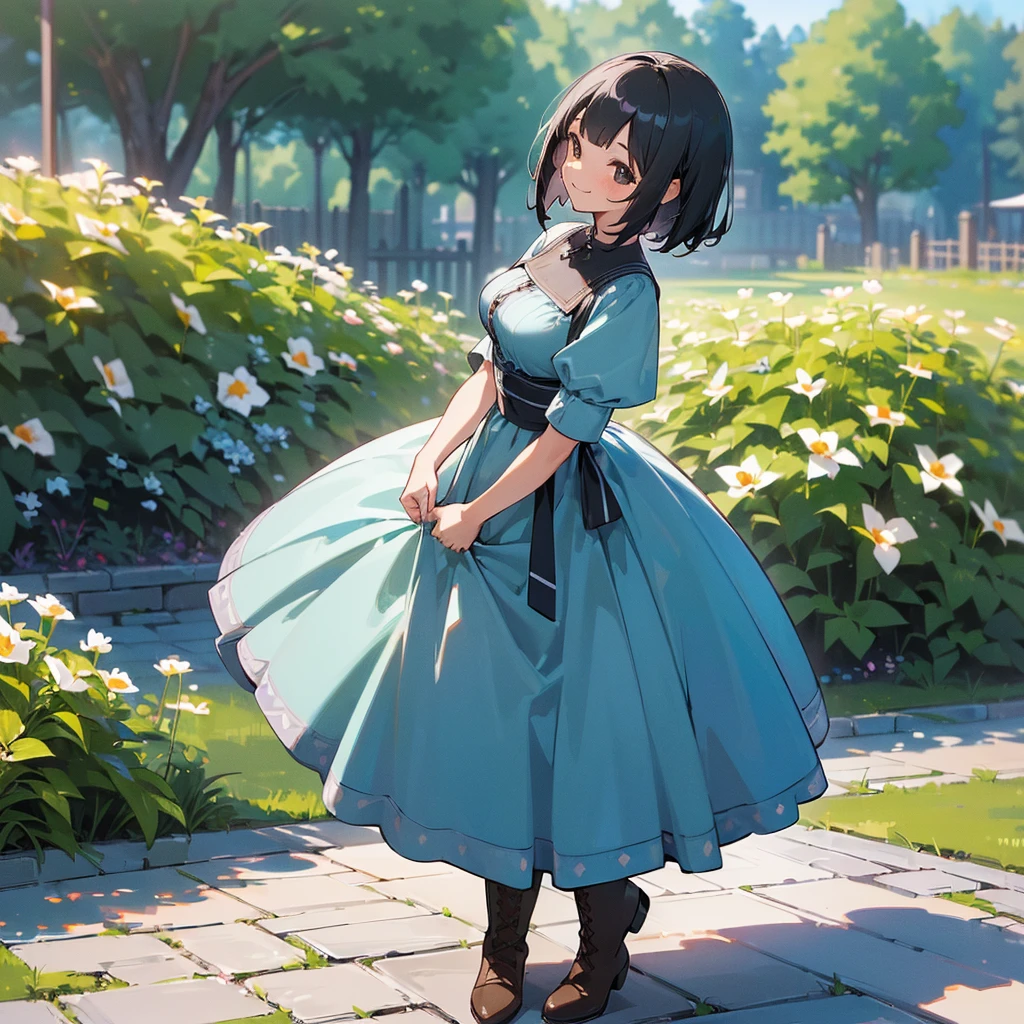 (high quality, High resolution, Very detailed, 8K, reality:1.37), Peaceful atmosphere, (Outdoor, garden), girl standing alone, (my breasts are big.), Beautifully detailed features, Cute Smile, (Black bob hair), Blue checkered long skirt, black tights, Brown boots.