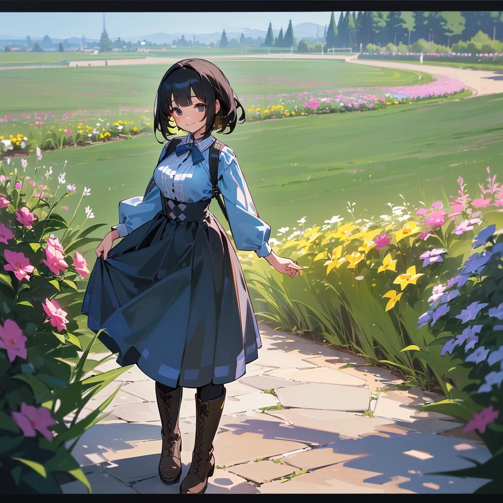 (high quality, High resolution, Very detailed, 8K, reality:1.37), Peaceful atmosphere, (Outdoor, garden), Teenage girl standing alone, (my breasts are big.), Beautifully detailed features, Cute Smile, (Black bob hair), Blue checkered long skirt, black tights, Brown boots.