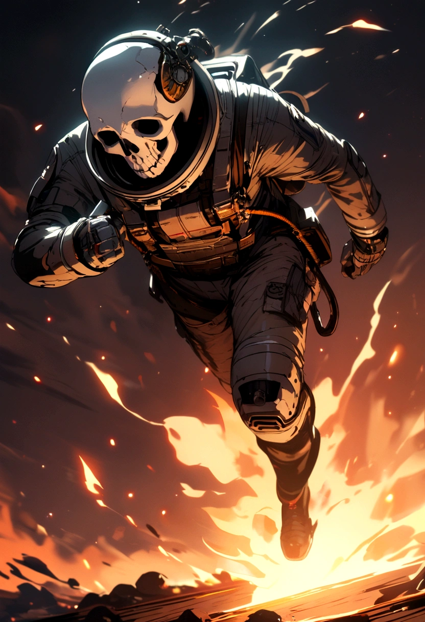 Skull-headed astronaut running over fire