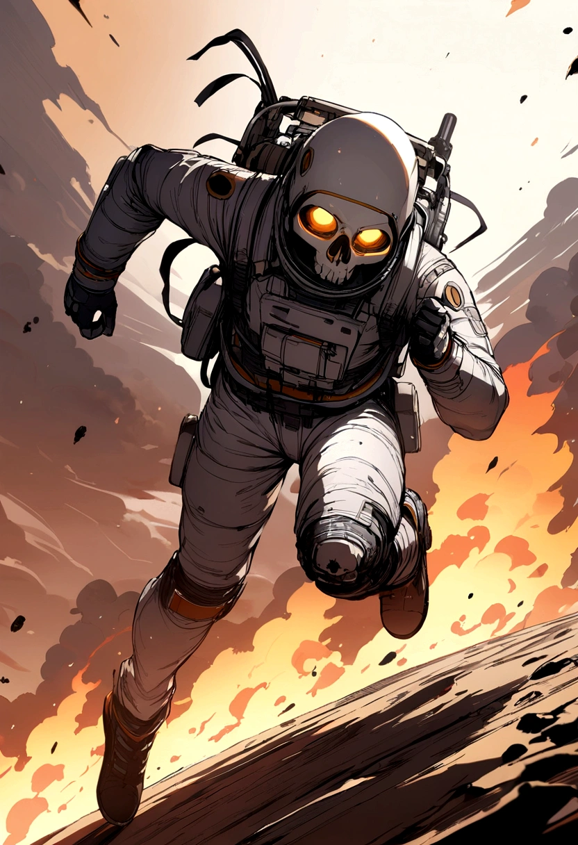 Skull-headed astronaut running over fire