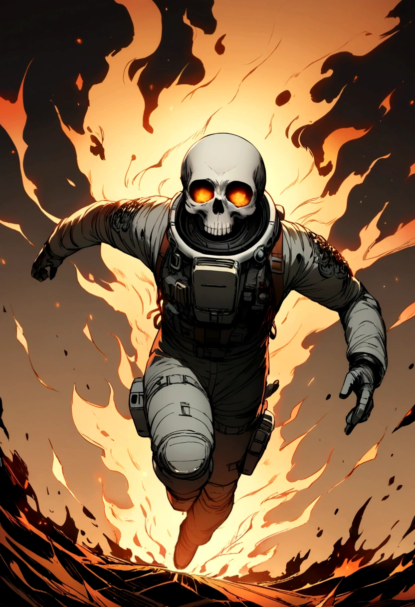 Skull-headed astronaut running over fire