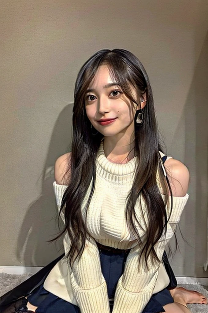 ((table top, highest quality, High resolution, , perfect pixel, 4k, ))), 1 girl, single, alone, Beautiful woman、(An angle where you can see the whole body)、 ((short wavy hair, bangs, brown hair)), ((brown eyes, beautiful eyelashes, realistic eyes)), ((detailed face, blush:1.2)), ((smooth texture:0.75, realistic texture:0.65, realistic:1.1, Anime CG style)), big breasts、soft chest、dynamic angle, perfect body, ((Female governess、I can see the underboob、Beige off-shoulder sweater、Dark Blue Flared Skirt、Black garter stockings、earrings、necklace、upward glance、shy smile、sit on the floor、、spread your legs apart、、、、Massage your chest with your hands、、))