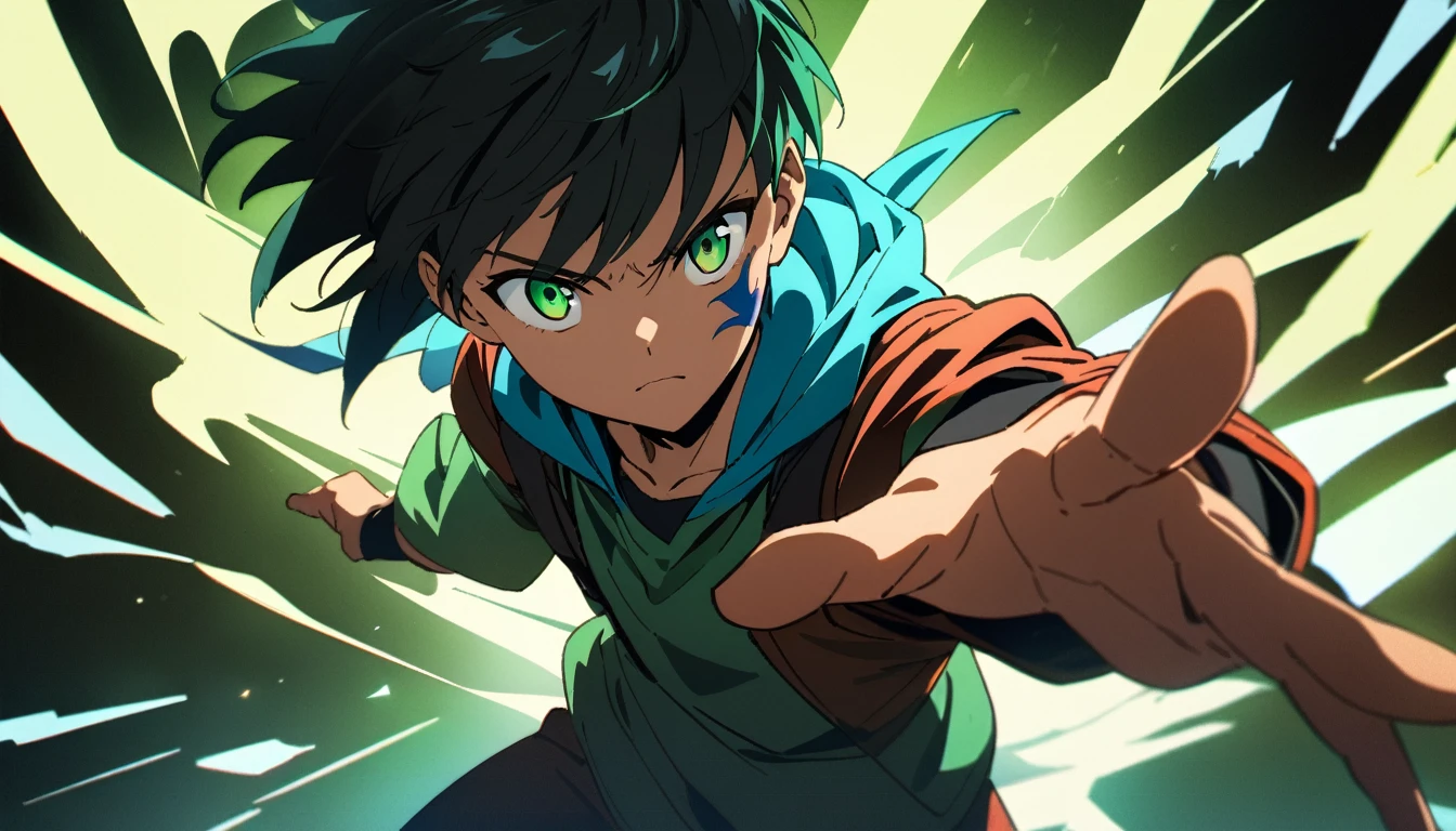a young shonen anime protagonist, green eyes, confident eyes, outfit suggesting adventure and courage, standing ready for action, detailed facial features, dynamic pose, cinematic lighting, vivid colors, high-quality digital illustration, anime style, masterpiece