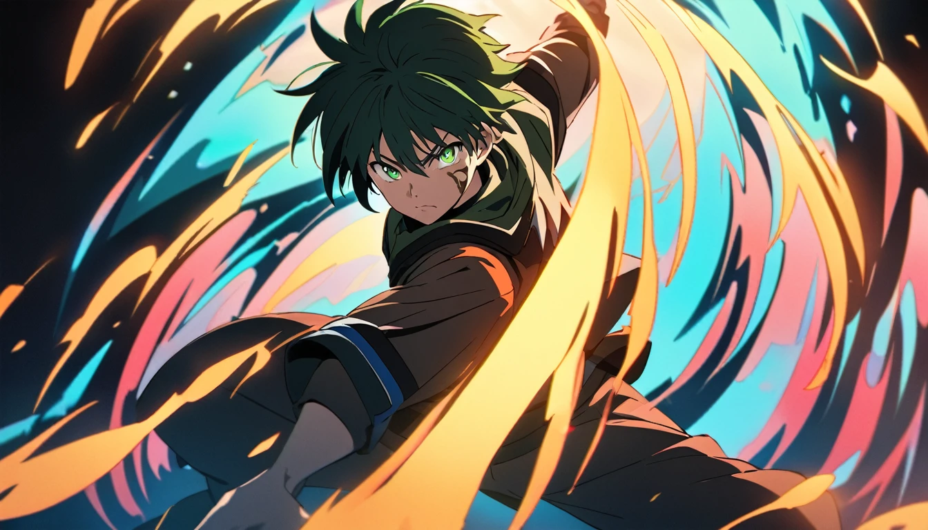 a young shonen anime protagonist, green eyes, confident eyes, outfit suggesting adventure and courage, standing ready for action, detailed facial features, dynamic pose, cinematic lighting, vivid colors, high-quality digital illustration, anime style, masterpiece