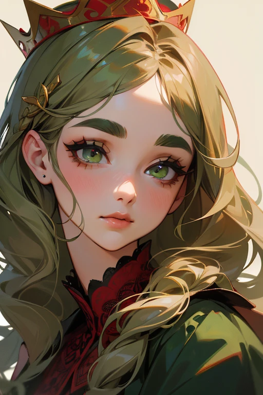 (Highest quality, masterpiece:1.2), High resolution, Very detailed, Realistic:1.37, Fantasy, An illustration, Green Eyes、Queen, Red lace dress.Platinum decoration、beautifully、Eyeshadow Red、Thick eyebrows、Long eyelashes、pupils are black、Her hair is dark green、Gold crown、Kissing Face、Embarrassing、Beloved by the crowd、Hair is green、Braiding、hair ornaments、