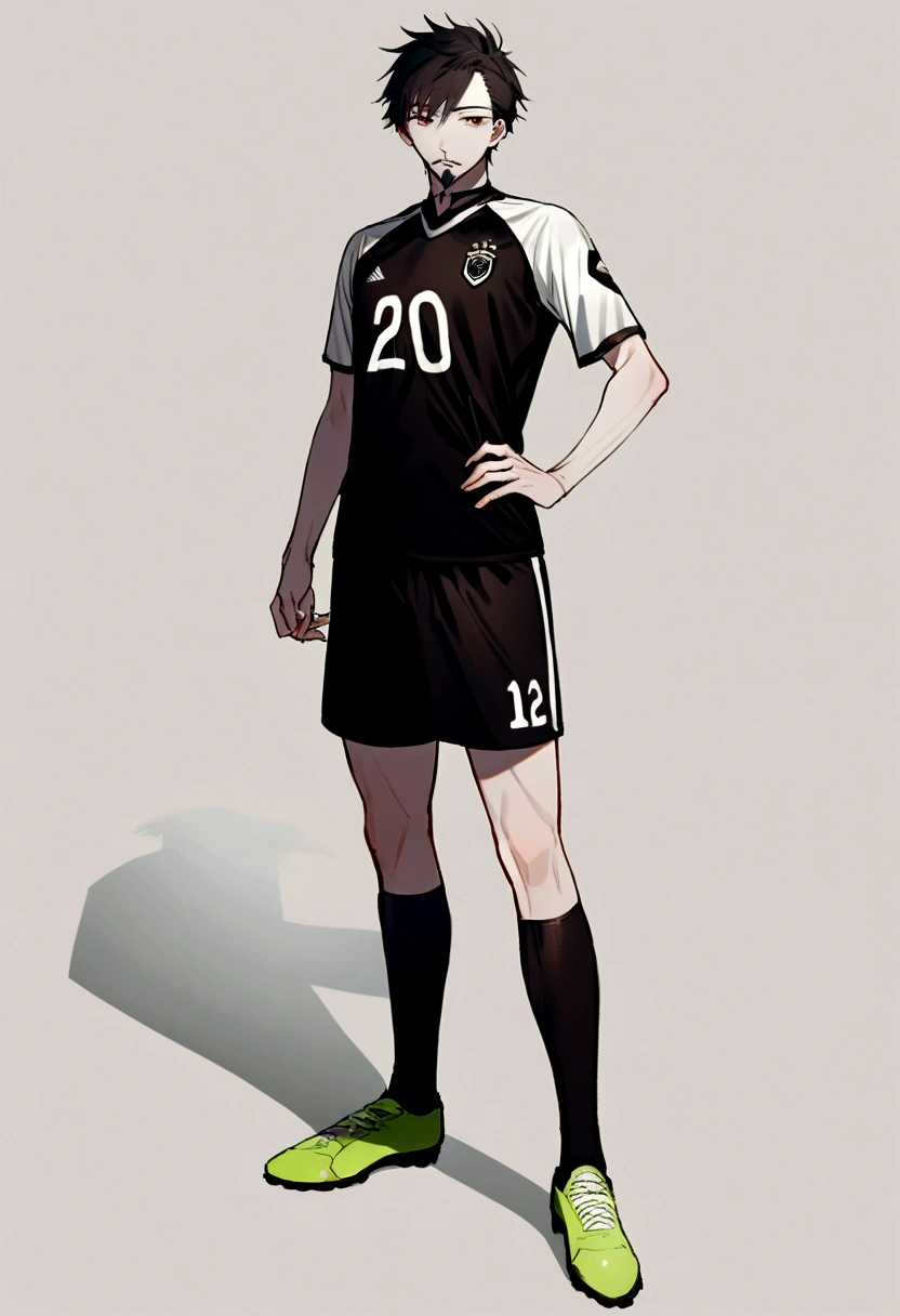 A skinny 20 year old boy with 1,80 tall with black soccer shorts ,black belly. White football jersey with goatee, short cut hair