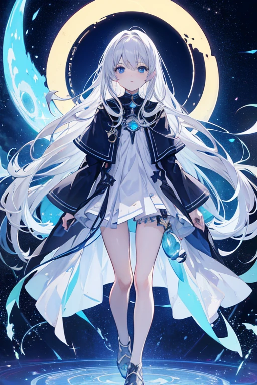 standing under a sky full of stars, nightcore, infinite astronomical library, best animation, 4k, girls, silver hair, long hair, light blue eyes , flat chest , slim figure , about cosmic clouds , galactic background , cover art , (saturation), anime cover , astral witch's clothing , perfect anatomy