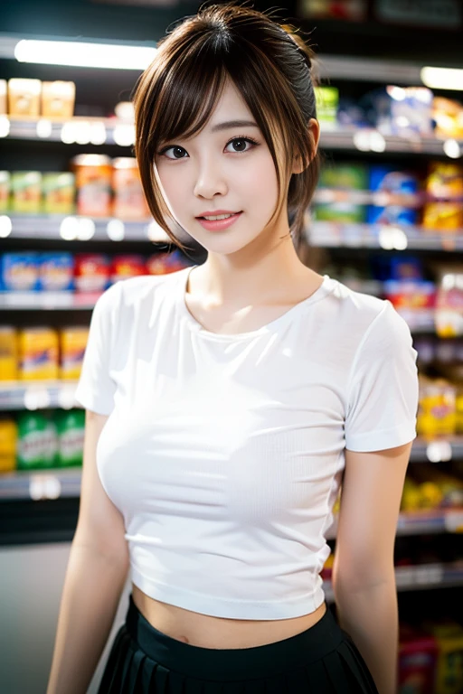 a gorgeous lady, age 22, white T-shirt, pleated mini-skirt, standing in convenience store, dimples, cute snaggle-tooth, short hair ponytail, photorealistic, beautiful detailed face, beautiful detailed eyes, ample round bosom, hyper-realism, high contrast, ultra HD, realistic skin textures, top image quality, top-quality, super high resolution, fine details, very meticulously, masterpiece, head to thigh, night bokeh background