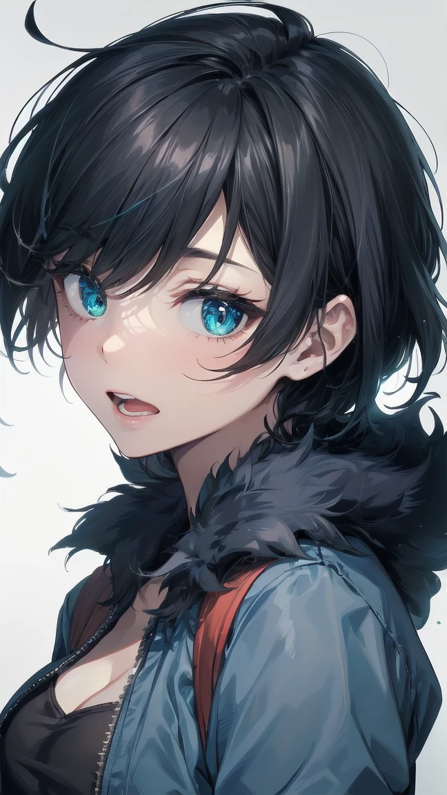 Close-up of a cartoon girl with blue hair and a yellow shirt, 2D Animation, 2D Animation style, 2D Art, 2D Art, 2D from Gorillaz, 2D from Gorillaz, 2D Gorillaz, Screaming Cerket, 2D Sprites, Jinx Face, short hair, Small breasts, hot pants, ((Black Hair, Bright blue fur inside:1.4))