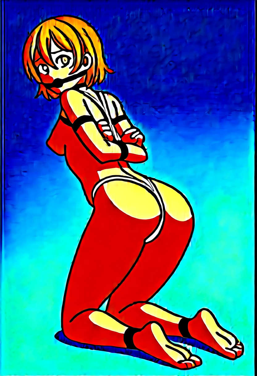 Rin Hoshizora, yellow eyes, orange hair, magical girl girl, solo, breasts, looking_at_viewer, underwear only, nipples, ass, thighs, barefoot, looking_back, from_behind, arms_up, chain, soles, topless, bound, bdsm, bondage, rope, restrained, cuffs, lantern, gag, bound_wrists, gagged, shibari, shackles, ball_gag, bound_ankles, slap_mark,pee dripping on ground, love live style 