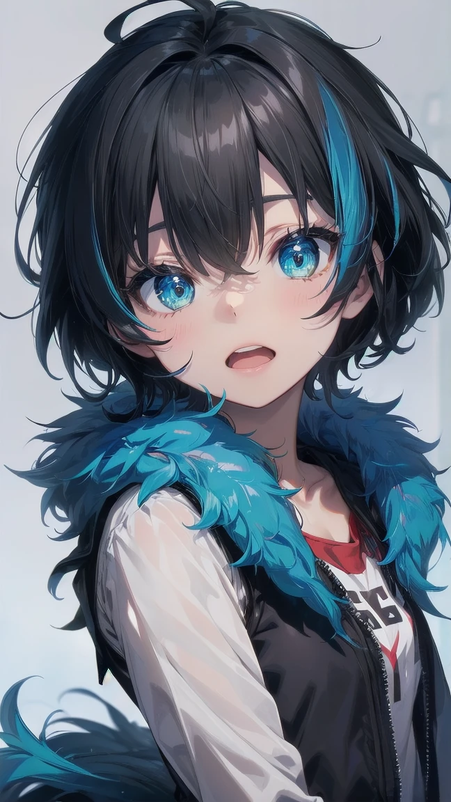 Close-up of a cartoon girl with blue hair and a yellow shirt, 2D Animation, 2D Animation style, 2D Art, 2D Art, 2D from Gorillaz, 2D from Gorillaz, 2D Gorillaz, Screaming Cerket, 2D Sprites, Jinx Face, short hair, Small breasts, hot pants, ((Black Hair, Bright blue fur inside:1.4))