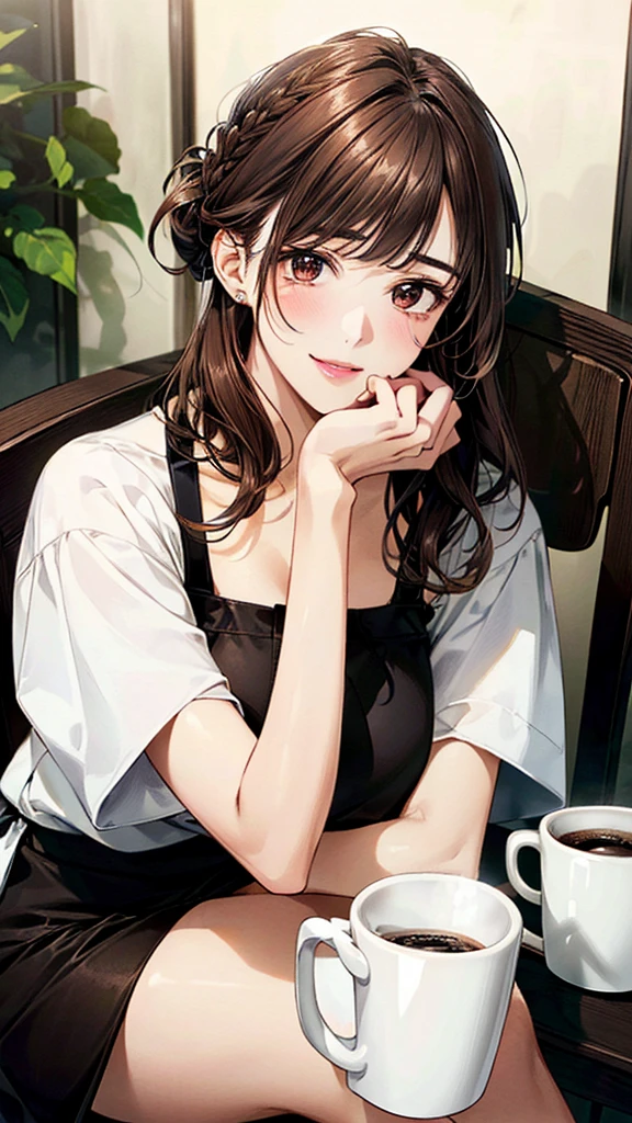 masterpiece, best quality, ultra-detailed, beautiful detailed eyes, 1girl, anime Mo artstyle, Drawing of the character from “The Maple Story”, polka dot dress, cafe, tasty coffee