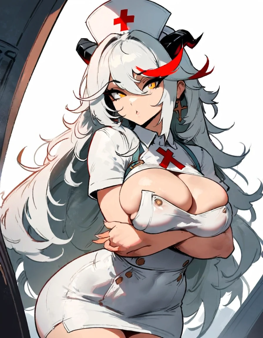 1girl, aegir \(azur lane\), azur lane \\\\\ masterpiece, best quality, very aesthetic, absurdres, newest \\\\\\ sportive body,  \\\\\\ by nyantcha,,by cutesexyrobutts,by khyle ///// white hair with a single prominent red streak, black horns, yellow eyes,  , white (nurse outfit:1.2), skirt, , white pencil skirt, nurse cap, , , a red cross on the cap, standing, (white background:1.2), hands crossed under breasts