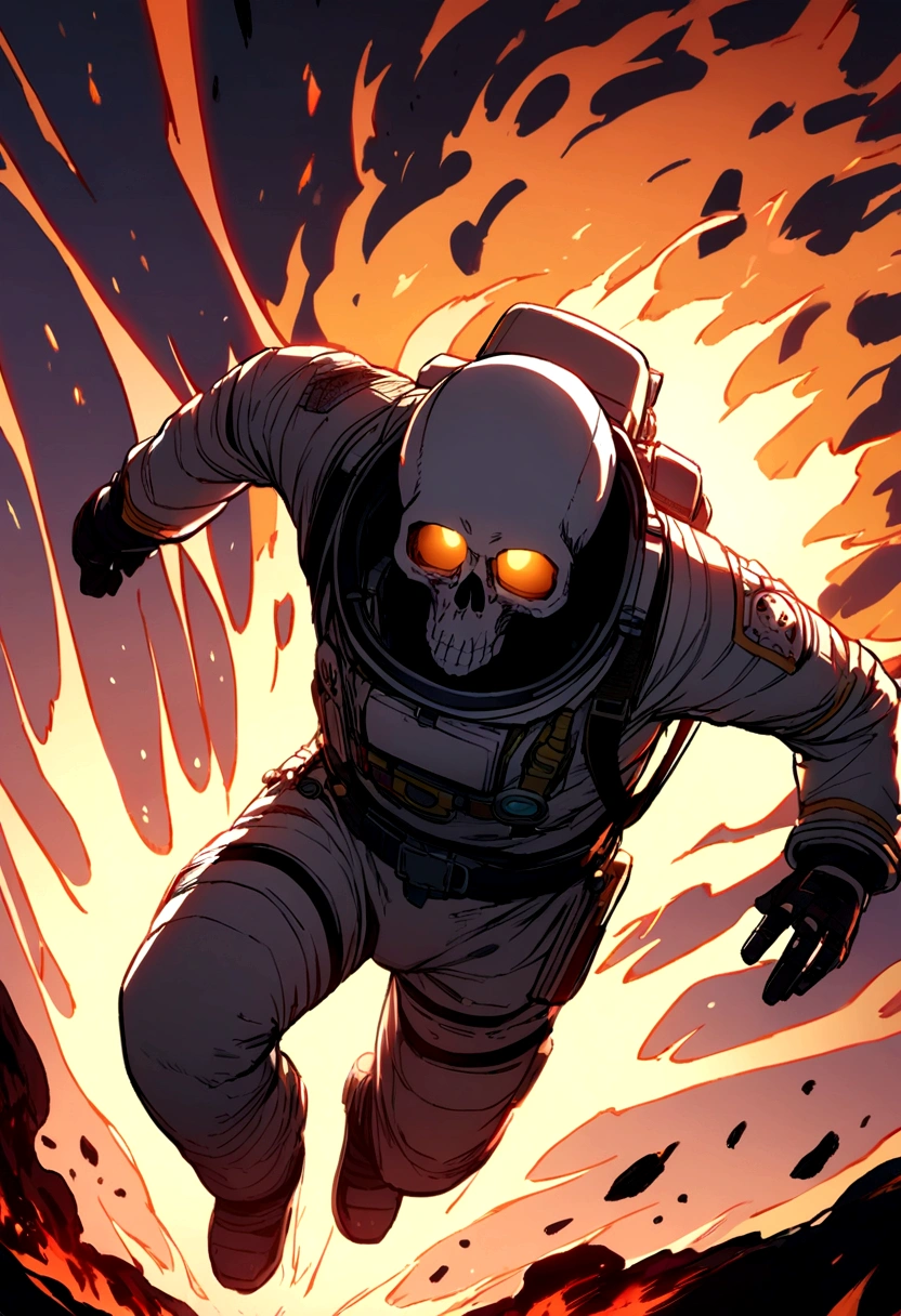 Skull-headed astronaut running over fire