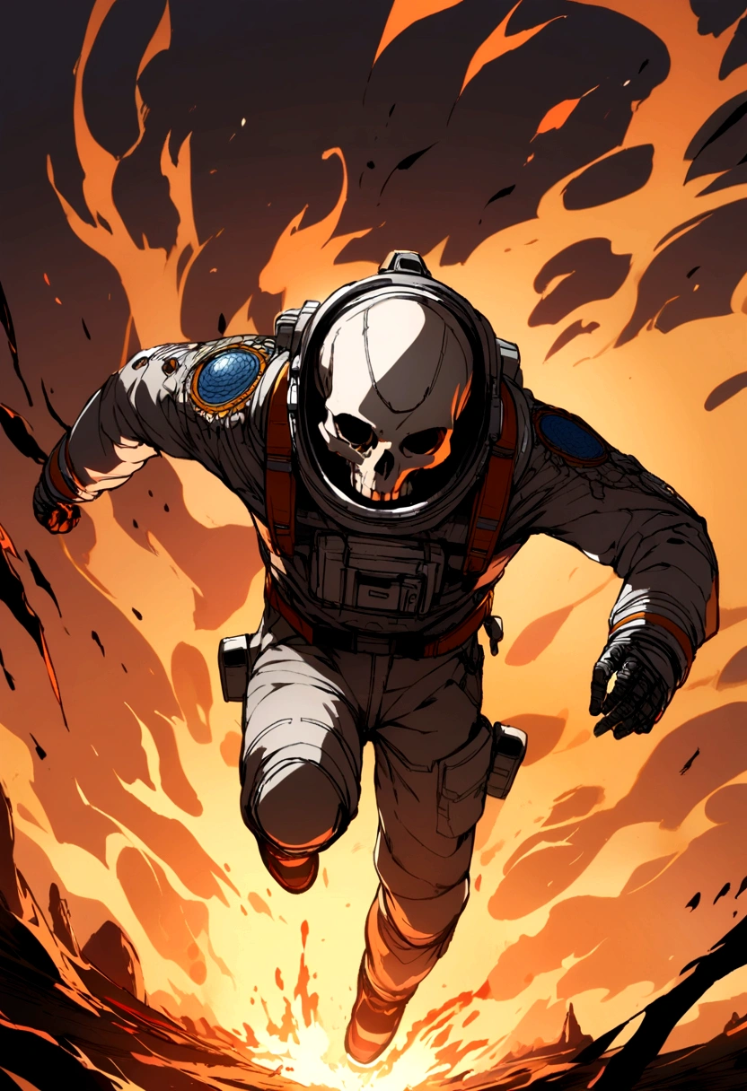 Skull-headed astronaut running over fire