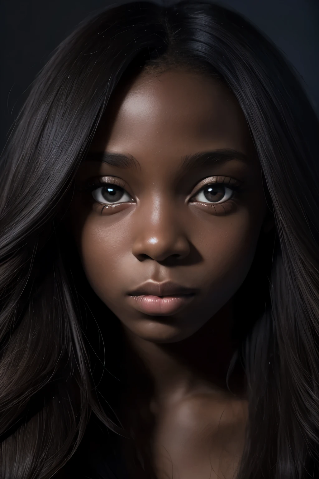 photo réaliste de face d'une jeune femme noire de 18 ans, au teint lisse et au regard pétillant