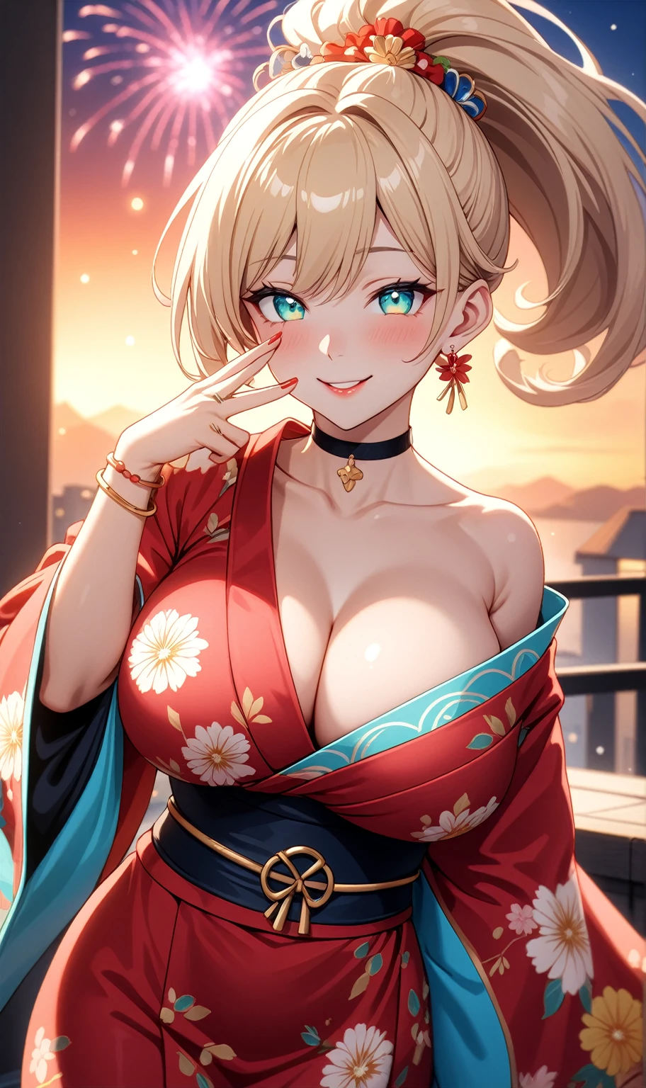 ((One personの女性)), Beautiful Face, head tilt, ((seductive smile)), ((Wink 1.9)), Laugh with your mouth wide open,((Bright red cheeks:1.4)),Shiny red lips,night,rooftop,You can see the ocean, firework,Laughing with your mouth open,Glossy pink lips,Facial lighting,((Anime style background)),masterpiece, Highest quality, so beautiful,up to date, Complex details, (Pink long nails),(4fingers and 1thumbs), (ring),(bracelet),(choker),AI-generated, Complex,High resolution, Highest quality, super high quality,3D Images、3D Images,One person,Long blonde hair,High Ponytail,(Turquoise Eyes),Anime woman posing for a photo, ((Fine grain、Colorful eyes、Shining Eyes:1.3)),(Squint your eyes:1.1),a hyperRealistic , hyperRealistic , Realistic,Anime woman with long white hair, Smooth anime CG art, A woman in a colorful kimono with gold embroidery, (Pink long sleeve kimono),Red floral pattern,Long flower hair ornament,Earrings,Mature Body,(Big Breasts:1.1),expensive,Abdominal muscles,Tight waist,(Zoom up to face:1.7),Shooting from an angle